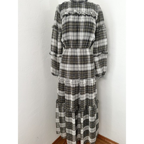 Mo:vint Dress Womens Small Green Chiffon Plaid Maxi Tiered Cottagecore Goth - Picture 1 of 10